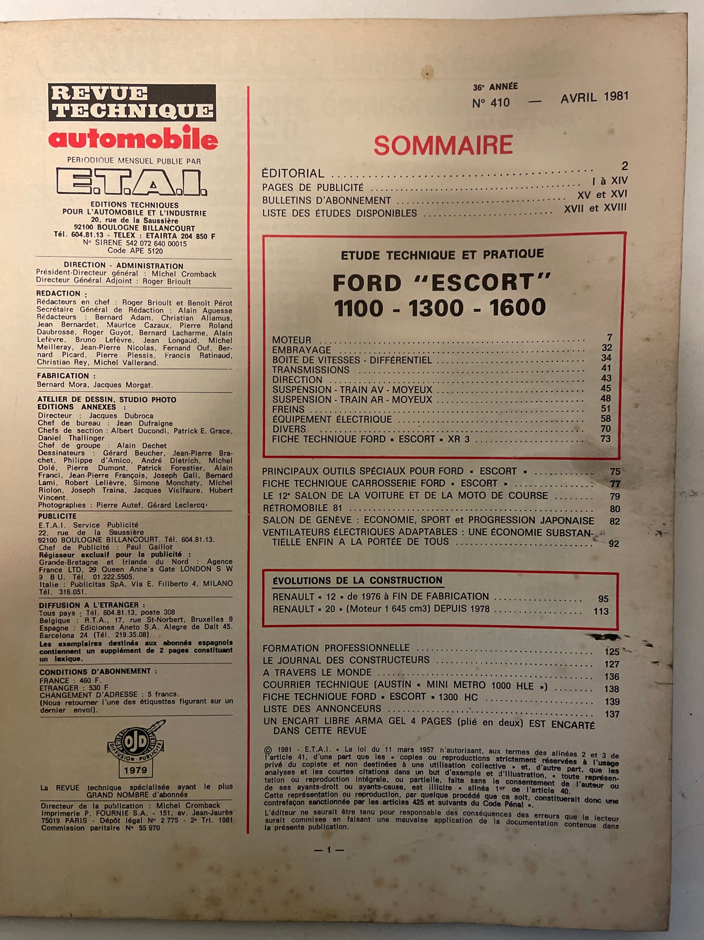 Revue technique FORD ESCORT Spécial L GL Ghia XR3