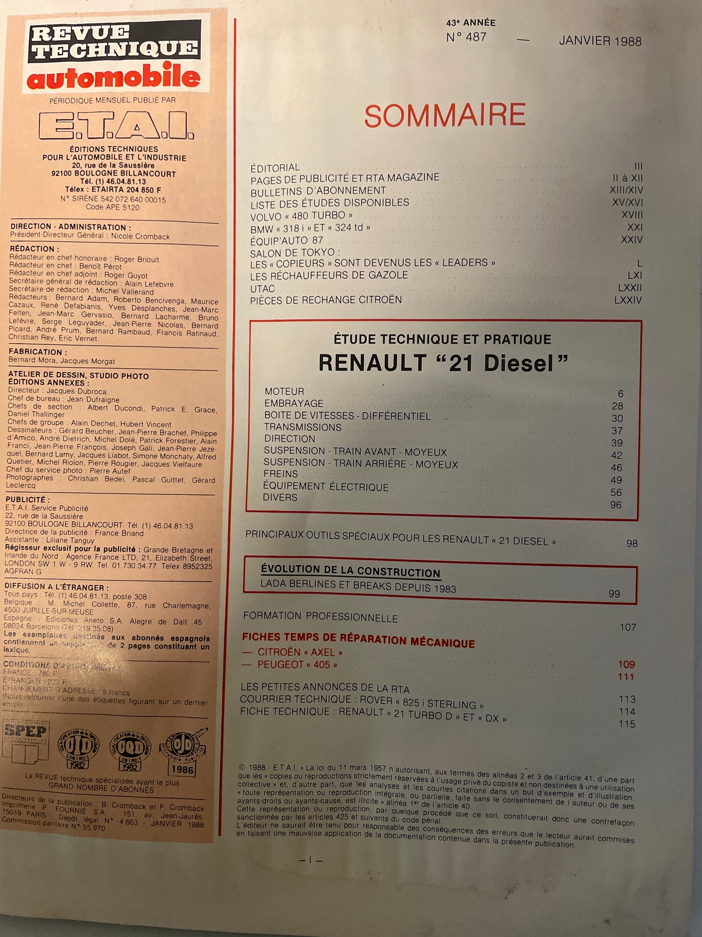 Revue technique RENAULT 21 et Nevada diesel turbo D